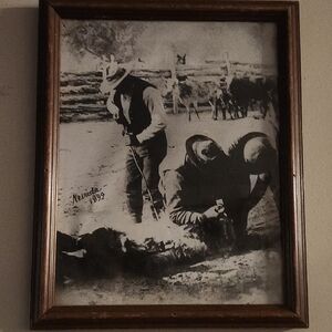 Antique 1899 Black And White Framed Photo 15×13 Of Cowboys Branding Cattle